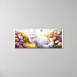 フラワーフィールドに白猫アイアート キャンバスプリント