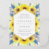 フラワーフィールドウォーターカラーヒマワリ結婚フローラ 箔招待状 (正面)