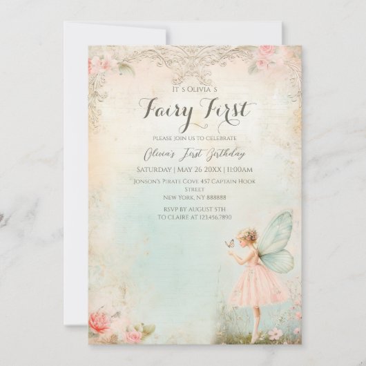 フラワーフェアリーガール誕生日 招待状 (正面)
