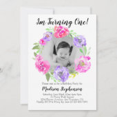 フラワーフォトガールバビーズ1st誕生日パーティー 招待状 (正面)