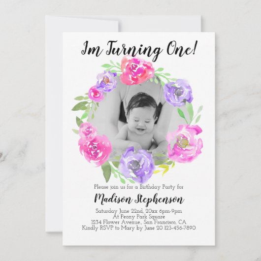 フラワーフォトガールバビーズ1st誕生日パーティー 招待状 (正面)