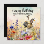 フラワーフランスのフィールドにブルドッグ誕生日水色 (正面/裏面)