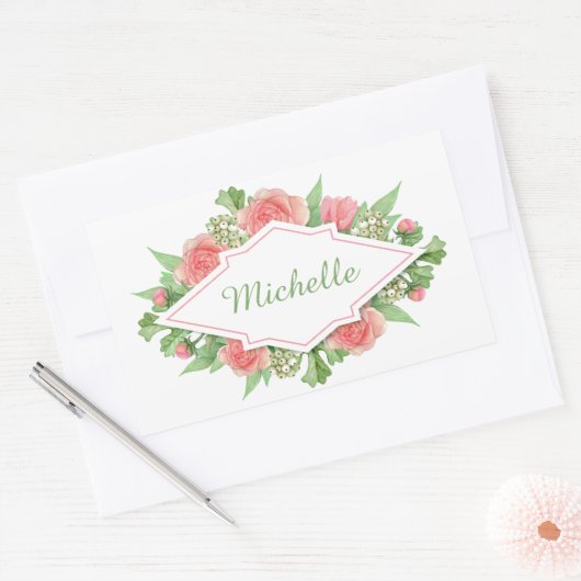 フラワーフレームのシールにあなたの名前 長方形シール (封筒)