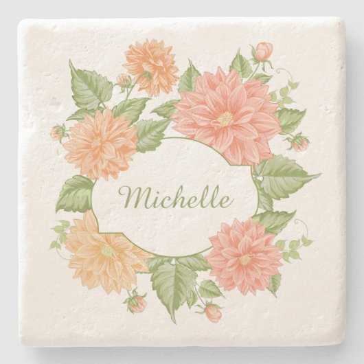 フラワーフレームの石のコースターにあなたの名前 ストーンコースター (正面)