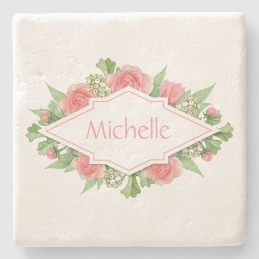 フラワーフレームの石のコースターにあなたの名前 ストーンコースター (正面)
