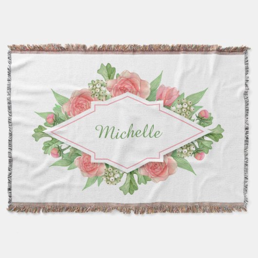 フラワーフレーム投げ毛布にあなたの名前 スローブランケット (正面)