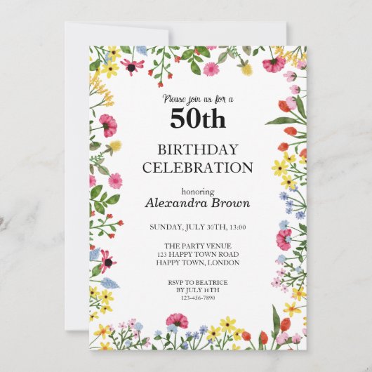 フラワーフレーム50誕生日写真パーティー 招待状 (正面)