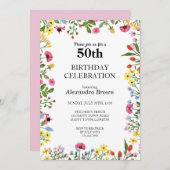 フラワーフレーム50誕生日写真パーティー 招待状 (正面/裏面)