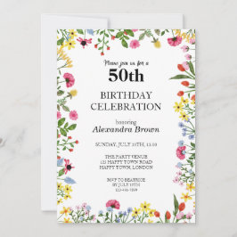 フラワーフレーム50誕生日写真パーティー 招待状