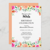 フラワーフレーム80誕生日写真パーティー 招待状 (正面/裏面)