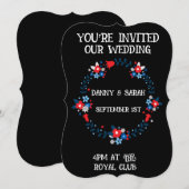 フラワーフレーム ブラック モダン ウェディング 招待状 (正面/裏面)