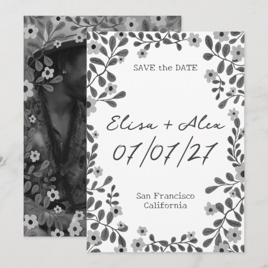 フラワーフレーム モノクロ SAVE THE DATE オーダーメイド フォト セーブザデート (正面/裏面)