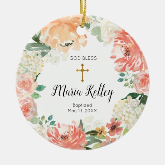 フラワーフローラパーソナライズされたガールバプテスマオーナメント セラミックオーナメント (正面)