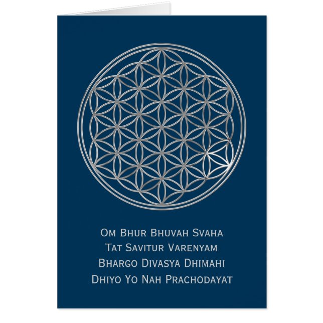 フラワーフ・オブ・ライフ & GAYATRI MANTRA | 銀色、濃い青 (正面)