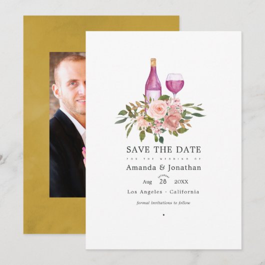 フラワーブラッシュとゴールドのワインチェックの結婚式 セーブザデート (正面/裏面)