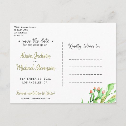 フラワーブラッシュサージェガーデンリース結婚式の招待状保存日付 案内ポストカード (裏面)