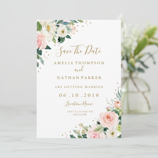 フラワーブラッシュピンクゴールドウェディング・セーブ・ザ・デート 招待状 (スタンド正面)
