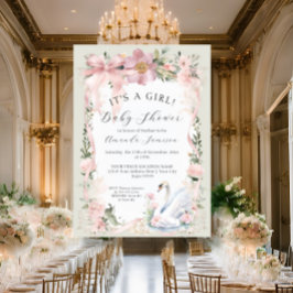フラワーブラッシュピンクリボンエレガントスワン ベイビーシャワー 招待状