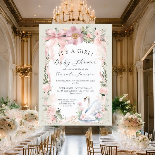 フラワーブラッシュピンクリボンエレガントスワン ベイビーシャワー 招待状