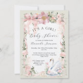 フラワーブラッシュピンクリボンエレガントスワン ベイビーシャワー 招待状 (正面)