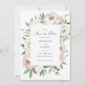 フラワーブラッシュホワイトペオニーの結婚式Save the Date 招待状 (正面)