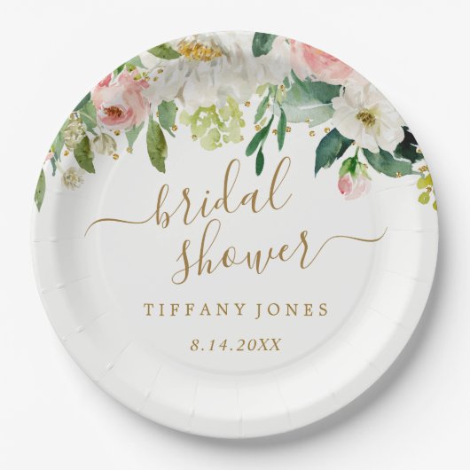 フラワーブルッシュゴールドピンクコンフェッティ ブライダルシャワー ペーパープレート (正面)