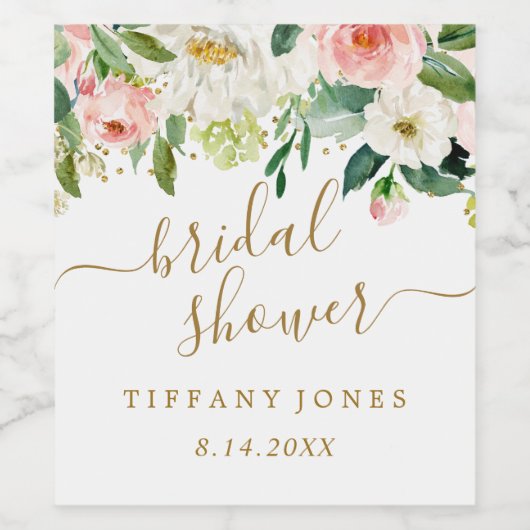 フラワーブルッシュゴールドピンクコンフェッティ ブライダルシャワー ワインラベル (シングルラベル)