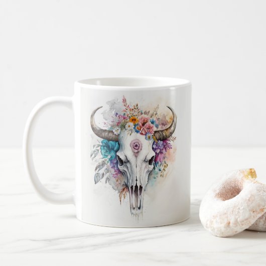 フラワーブルドスの頭蓋骨水彩アート コーヒーマグカップ (ドーナツ)