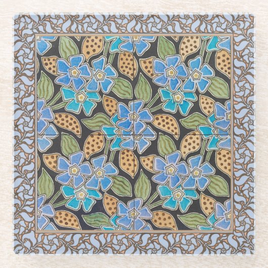 フラワーブルーエレガントペリウィンクルフローラクラシック ガラスコースター (正面)