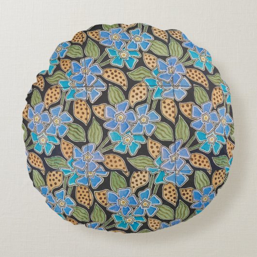 フラワーブルーエレガントペリウィンクルフローラクラシック ラウンドクッション (正面)