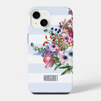 フラワーブルーケ・ライトブルーストライプ iPho iPhone 14ケース