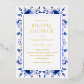 フラワーブルー王室のブライダルシャワー金ゴールド 箔招待状 (正面)