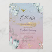 フラワーブルー蝶グラデーション誕生日 招待状 (正面/裏面)
