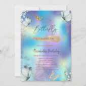 フラワーブルー蝶ホログラフィック誕生日 招待状 (正面)