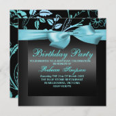 フラワーブルー&ブラックパーティー誕生日招待状 招待状 (正面/裏面)