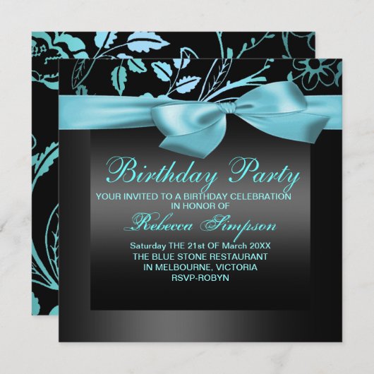 フラワーブルー&ブラックパーティー誕生日招待状 招待状 (正面/裏面)