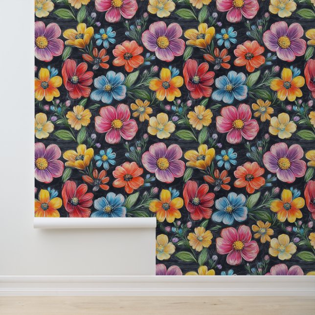 フラワーブロッサムパターンチョークスケッチブラックバックグ 壁紙 (アプリケーション)