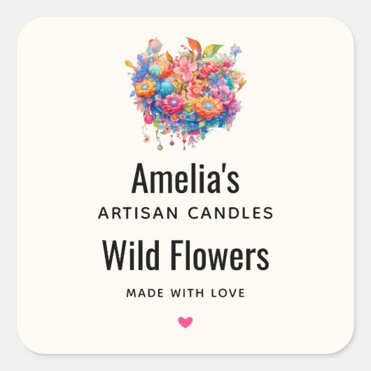 フラワーブーケオレンジ&ブルーボホキャンドルビジネス スクエアシール (正面)