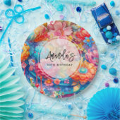 フラワーブーケオレンジ&ブルーボホ誕生日 ペーパープレート (パーティー)