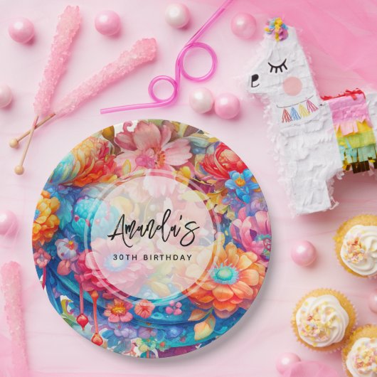 フラワーブーケオレンジ&ブルーボホ誕生日 ペーパープレート (パーティー)