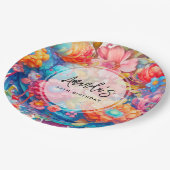 フラワーブーケオレンジ&ブルーボホ誕生日 ペーパープレート (アングル)