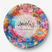 フラワーブーケオレンジ&ブルーボホ誕生日 ペーパープレート (正面)