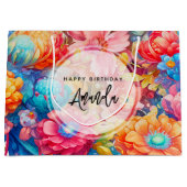 フラワーブーケオレンジ&ブルーボホ誕生日 ラージペーパーバッグ (正面)