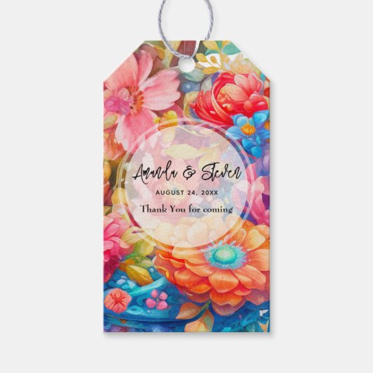 フラワーブーケオレンジ&ブルー結婚ズサンキュー ギフトタグ (正面)