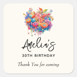 フラワーブーケオレンジ&ブルー誕生日ありがとう スクエアシール