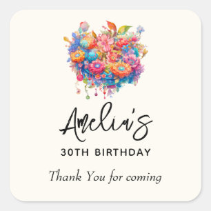 フラワーブーケオレンジ&ブルー誕生日ありがとう スクエアシール