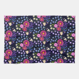 フラワーブーケダークブルー キッチンタオル
