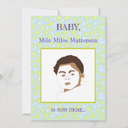 フラワーブーケデイジーメドウペリウィンクルレモン誕生 案内状 (正面)