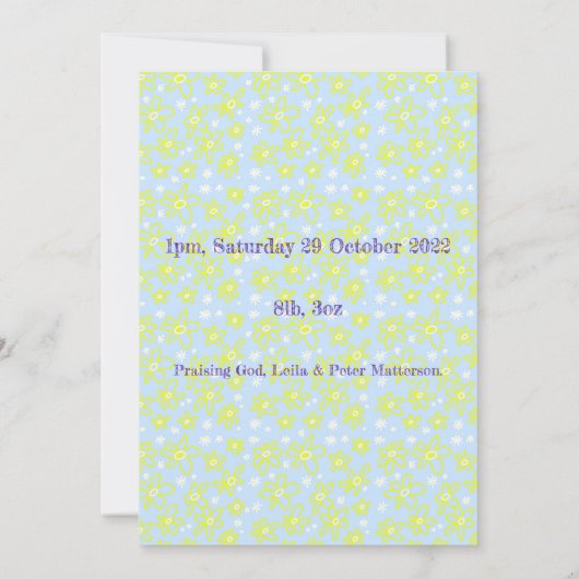 フラワーブーケデイジーメドウペリウィンクルレモン誕生 案内状 (裏面)