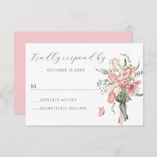 フラワーブーケピンクパステル水彩 出欠カード (正面/裏面)